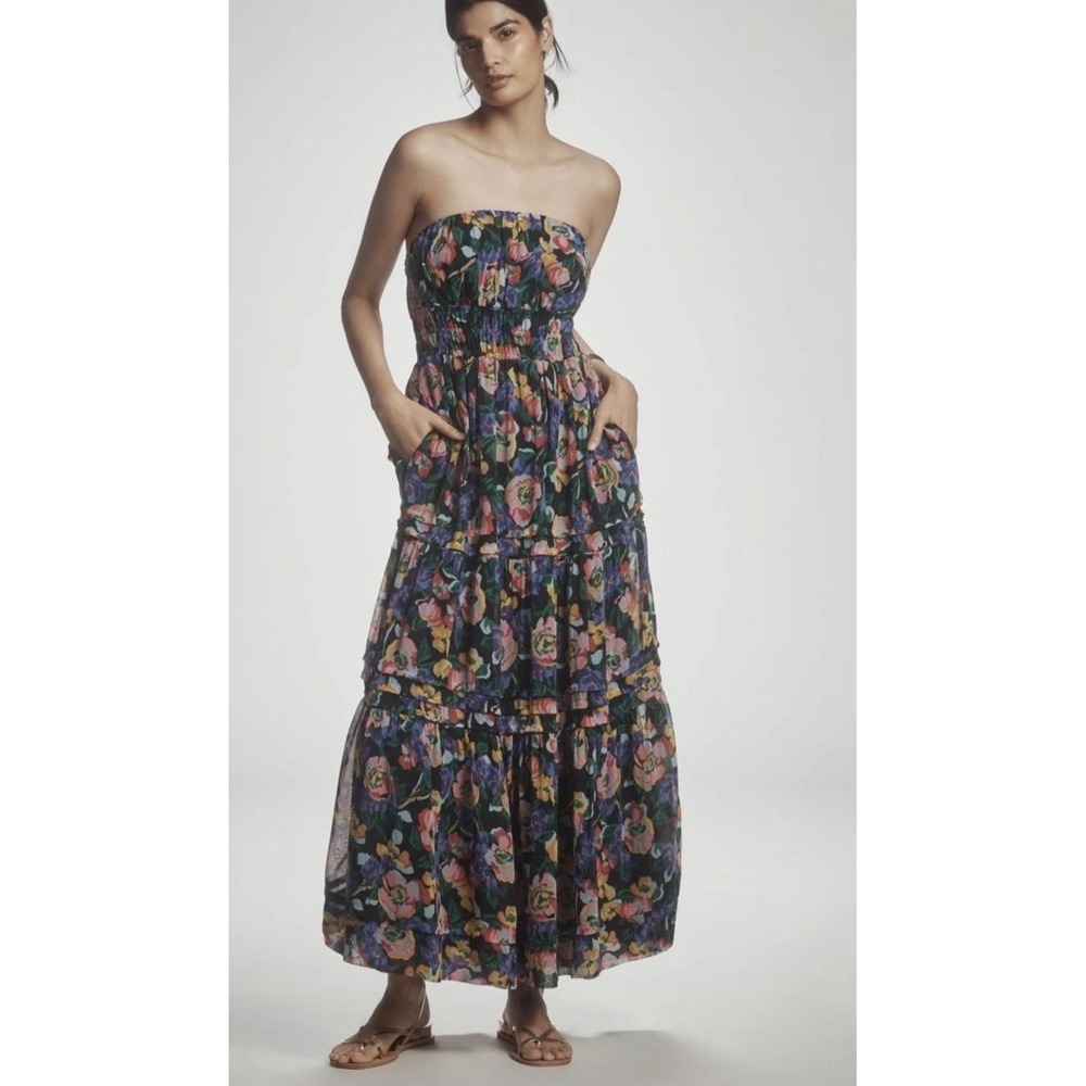 Anthropologie Somerset Strapless Maxi Dress Womens Size M Floral Boho Tiered‎